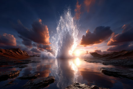 Water erupts dramatically against a colorful sunset, creating a beautiful reflection on the lake surface.の写真素材