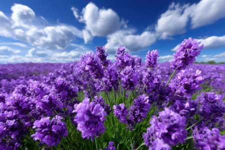 Vibrant lavender blossoms cover the field, stretching towards a clear blue sky dotted with fluffy white clouds.の写真素材