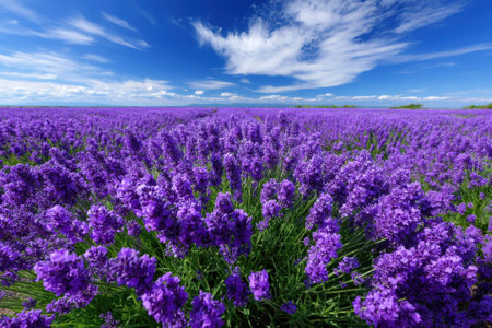 A vast lavender field bursts with purple flowers against a bright blue sky, showing nature's beauty.の写真素材