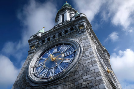 The clock tower showcases intricate stonework and a large clock face, highlighting its architectural beauty.の写真素材