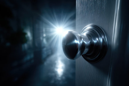 A close-up view of a shiny door handle as a bright light shines through an open door in a dark environment.の写真素材