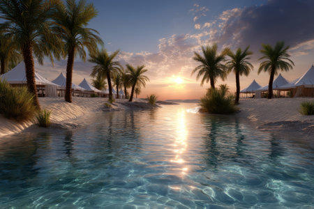 A breathtaking sunset reflects on a tranquil lagoon, with palm trees and white tents lining the shore.の写真素材