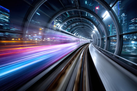 A vibrant light trail shows rapid movement through a modern transit tunnel in a city illuminated at night.の写真素材