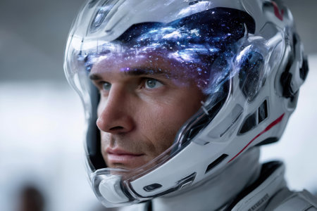An astronaut gazes thoughtfully with a helmet reflecting the vast universe, filled with stars and galaxies.の写真素材