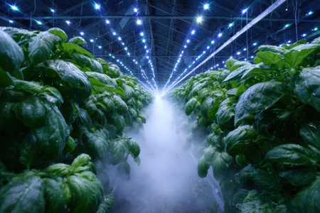Vibrant basil plants grow in a well-lit greenhouse, with mist enhancing the lush greenery during evening hours.の写真素材