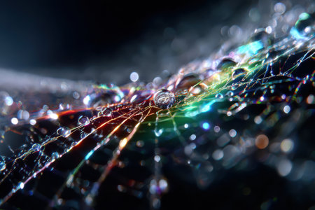 Dew drops shimmer on a spider web, reflecting brilliant colors in early morning light, creating a magical effect.の写真素材