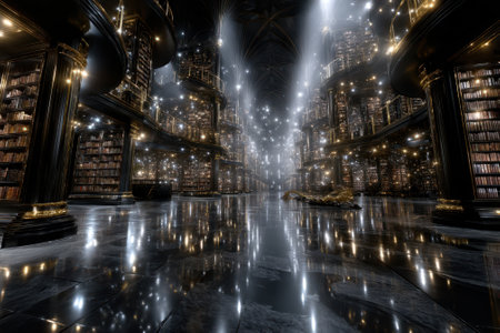 An intricate library features towering bookshelves, sparkling lights, and magical dust swirling around.の写真素材