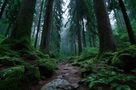 A serene path meanders through a dense forest, surrounded by tall trees and vibrant ferns in foggy weather.の写真素材