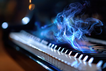 Piano keys are illuminated softly as ethereal blue smoke curls above them, creating a mystical atmosphere.の写真素材
