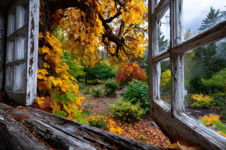 Vibrant autumn leaves frame a tranquil garden view outside a rustic window, capturing the season's beauty.の写真素材