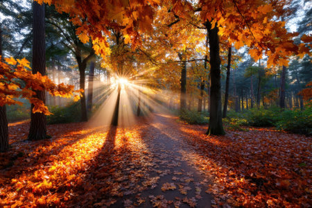 Golden sunlight streams between tall trees, illuminating colorful autumn leaves on a tranquil forest path.の写真素材