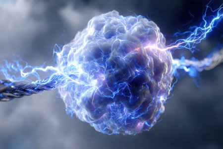 A glowing sphere of electric energy surrounded by vibrant lightning bolts against a dark, stormy background.の写真素材