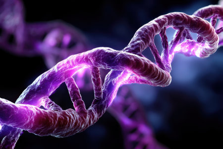 Detailed view of DNA helix showing its double-stranded structure with vibrant colors and lights.の写真素材