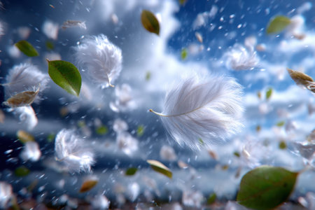 A flurry of green leaves and soft white feathers swirl through the air as dark clouds gather above, indicating a storm.の写真素材