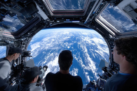 Crew members gaze at Earth through a large window, capturing stunning views of clouds and oceans.の写真素材