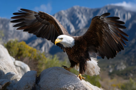 Bald eagle confidently displays its wings on a large stone, surrounded by mountains and clear blue sky.の写真素材