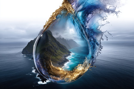A coastal landscape is captured within a water droplet, showing mountains and ocean waves against a cloudy sky.の写真素材