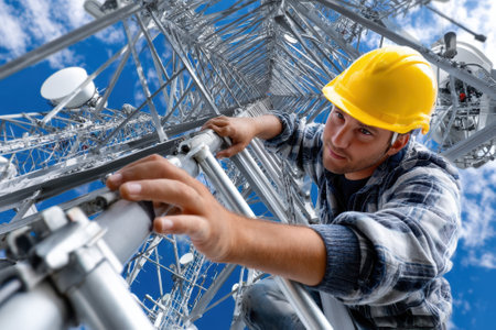 A worker scales a telecommunications tower, checking equipment while wearing a safety helmet under bright skies.の写真素材