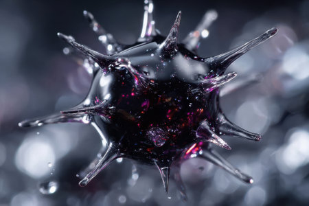 A close-up view reveals a unique microbial structure against a dark backdrop, highlighting its complex design.の写真素材