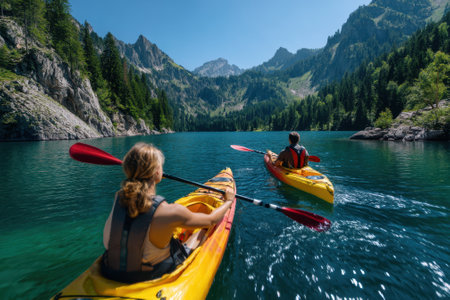 Two individuals paddle kayaks through a tranquil mountain lake surrounded by lush greenery and peaks.の写真素材