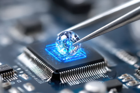A person uses tweezers to position a glowing orb on a microchip, highlighting intricate detail and precision work.の写真素材