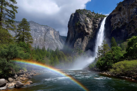 A majestic waterfall flows down rocky cliffs, creating mist with a rainbow arcing over a river surrounded by lush trees.の写真素材
