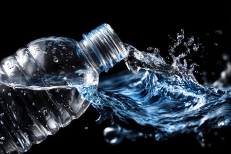 A water bottle tipped over pours cool, clear water creating splashes in dark surroundings.の写真素材