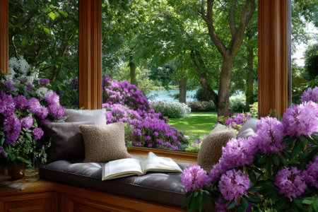 A cozy reading nook with plush cushions and vibrant flowers overlooks a serene garden by the water.の写真素材