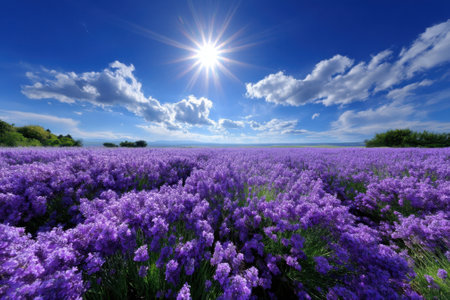 A vibrant field of lavender blooms stretches under the bright sun and fluffy clouds, showing natural beauty.の写真素材