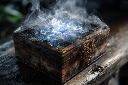 A wooden box sits on a damp log, releasing vibrant smoke in an enchanting forest during dusk.の素材