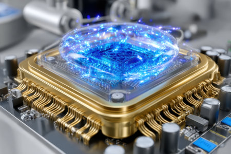 A quantum processor generates blue energy waves in a high-tech computing setup, showcasing advanced technology.の写真素材