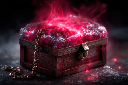A treasure chest with a glowing red crystal lid releases vibrant smoke in a darkened environment.の写真素材