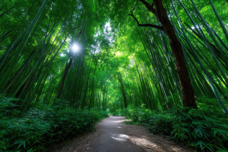 A winding pathway leads through a vibrant bamboo forest illuminated by sunlight, creating a serene atmosphere.の写真素材