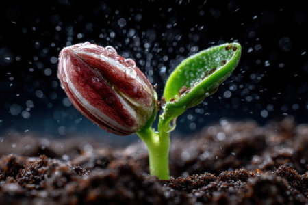 A vibrant seedling with two green leaves is breaking through dark soil, glistening with droplets of water.の写真素材