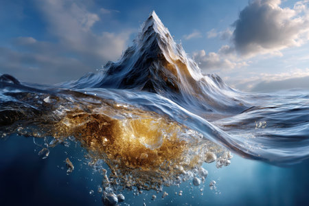 Powerful waves crash against a rugged mountain peak while the sun rises, creating a breathtaking view.の素材