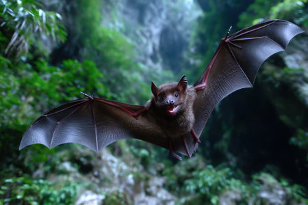 A bat soars through a dense forest, its wings spread wide while surrounded by greenery at twilight.の写真素材