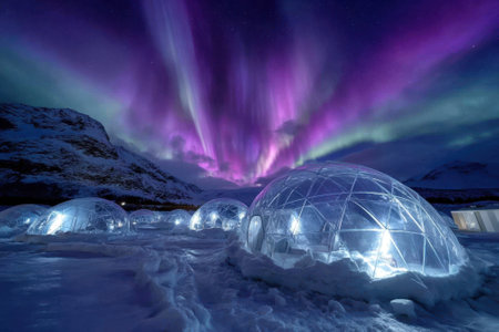 Bright northern lights create a stunning display above igloos in a snowy setting during the night.の写真素材