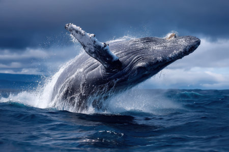 A humpback whale leaps from the water, splashing beneath a cloudy sky, showing its strength and grace.の写真素材