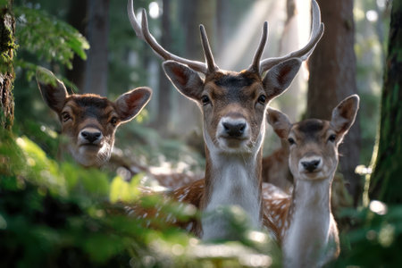 Three deer stand close together in a sunlit forest, quietly observing their surroundings in the early morning.の写真素材