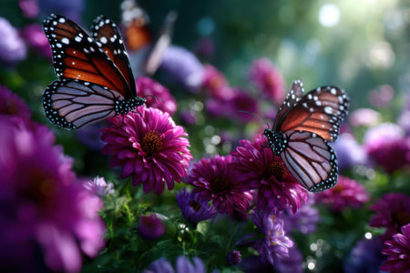 Colorful monarch butterflies gracefully explore blooming purple flowers during a sunny afternoon.の写真素材