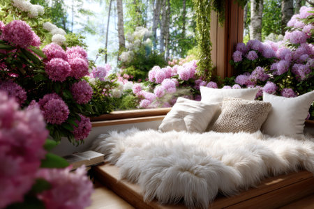 A comfortable seating area with plush cushions and a soft throw, surrounded by vibrant blooms and greenery.の写真素材