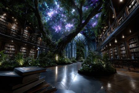 An enchanting library features towering shelves of books surrounded by foliage under a starry sky.の写真素材