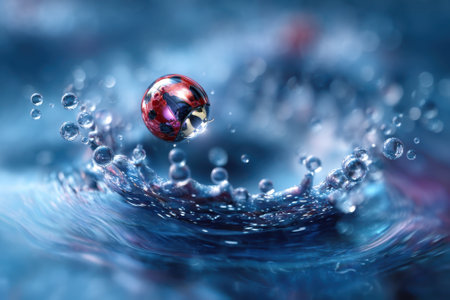 A vibrant water droplet lands on the surface, creating ripples and bubbles in clear blue water beneath.の写真素材