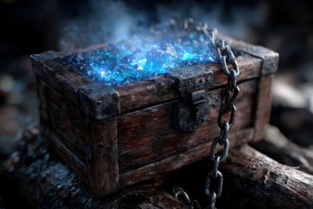 A weathered chest sits among rocks, with vibrant, luminous crystals spilling from its open lid in the dark woods.の写真素材