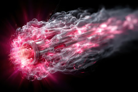 Energy emerges from a metal device, creating swirling pink smoke and bright light in a dynamic display.の写真素材