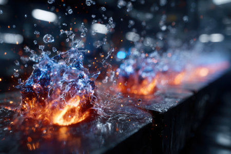 Water gushes over glowing metal, generating steam and bright sparks in a dynamic industrial environment.の写真素材