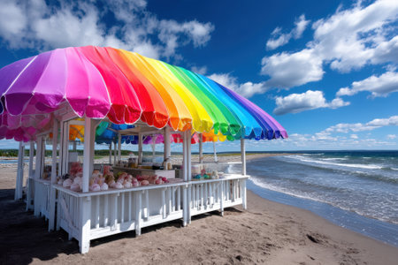 A vibrant beach stand offers treats under a rainbow umbrella, next to gentle ocean waves and fluffy clouds.の写真素材
