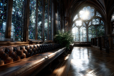 Sunlight streams through colorful stained glass windows illuminating a cozy reading area with elegant furnishings.の写真素材