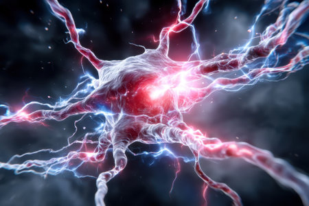 Dynamic visual of a neuron firing, showing energy and light in a striking dark environment.の写真素材
