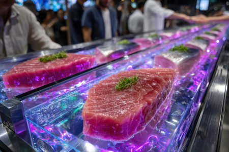 Fresh cuts of tuna are showcased on a lit display at a bustling fish market during the evening.の写真素材